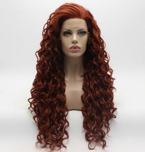 Iwona cabelo encaracolado longo borgonha peruca 18350 meia mão amarrada resistente ao calor peruca dianteira do laço sintético3312955