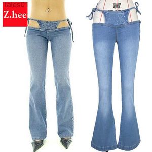 Women's Jeans Jeans Wholesale- Size Ultra Low Waist Wide Leg Flare Bandage Pants 240304