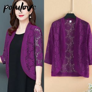 Skjorta kvinnor plus size cardigan sommar tunt kappa halva ärm elegant spetsnätraskrygg virkning blusa toppkläder dropshipping grossist