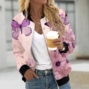 Jacken Fashion Print Women Bomber Jacke Herbst Zipper Coat Basic Ladies Jackets Streetwear Long Sleeve Stand Collar Baseball Outwear Outwear