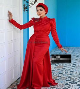 Oriente Médio Vermelho Muçulmano Vestido de Noite Com Strass Elegante Sereia Manga Longa Vestidos de Baile Árabe Com Trem Vestido de Festa Formal Abayas Fantasia Robe Mariage 2024