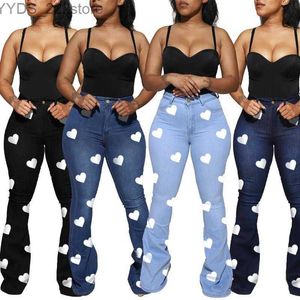 Jeans Jeans Bell Bottomed Wide Leg Clothing Heart Printing Classic High Waist Denim Bootcut Trousers 240304