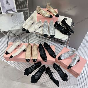 2024 Mulheres Slingbacks Logotipo Sandálias Marca Cap Toe Ballet Flats Designer Sapatos Espadrille Ballerinas Low Kitten Heels Party Wedding Dress Bombas Mules Silver Gold