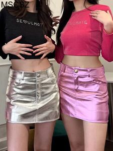 Skirt Metallic Silver Mini Skirts For Women Summer High Waist Pencil Skirts Y2K Streetwear Sexy Night Club Party Skirts