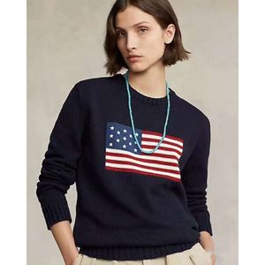 Us Womens Outerwear Knitted Sweater American Flag Round Neck Winter High-end Luxury Fashion Comfortable Cotton Pullover S-2xl
