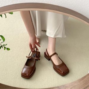 Casual Shoes Sandals Women Elegant Green Beige Square Heel Vintage Toe Leather Woman Fashion Ladies