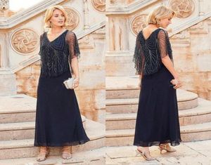 2020 Navy Blue Plus Size Mother Off Bride Dresses V Neck Beading With Wrap Chiffon Backless Tea Length Mother of the Bride Dress1379952