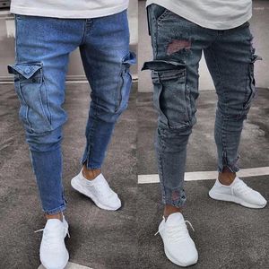 Jeans da uomo Denim con tasche Pantaloni elasticizzati da uomo Pantaloni con tasche slim fit strappati strappati Pantalon Homme