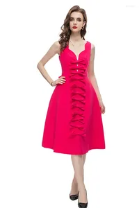 Vestidos casuais designer de moda de verão vintage rosa vermelho vestido de verão feminino feminino gola sem mangas arcos de alta cintura midi vestido