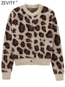 Cardigans zevity kvinnor mode leopard tryck päls effektiv kort stickning tröja kvinnlig chic långärmad knappar kimono rockar toppar ct5834