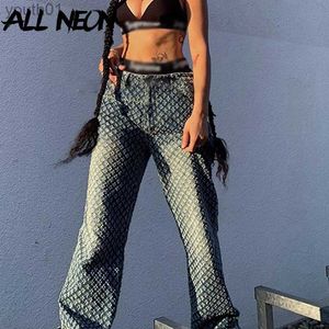 Jeans da donna ALLNeon Y2K Pantaloni blu dritti larghi effetto consumato Hip Hop Demin Jeans strappati a vita alta Vintage Streetwear anni '90 Rave Fall 240304