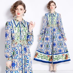 Retro Floral Cardigan Botão Vestido Swing Manga Longa Designer Elegante Vintage Impresso Slim Cinto Maxi Vestidos Lapela Pescoço Escritório Casual Roupas de Festa Vestidos Primavera