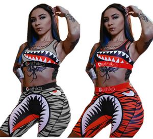 Moda feminina atraente maiô verão beachwear colete sutiã esportivo calções de banho duas peças outfits tubarão impressão banho bodycon bi9081526