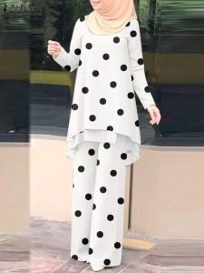 Setler Zanzea Moda Polka Dot Baskılı Trailsuit 2pcs Sonbahar Müslüman Setler Kadınlar Uzun Kollu Bluz Pantolon Setleri Setler İslami Giyim Outifits