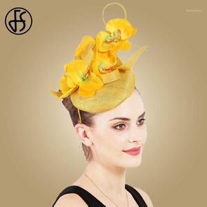 Fs gul fascinator hattar bröllop kvinnor eleganta damer vita brud huvudbonader chapeau femme mariage1281m