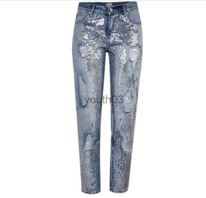 Jeans da donna Inverno Vita da donna Jeans vintage Donna Denim Paillettes Jeans Boyfriend Jeans strappati femminili per pantaloni 240304