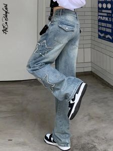 Jeans Y2K Jeans Star Patchwork Pant Women Straight Leg Denim Pants Pocket Low Rise Vintage Casual Streetwear Baggy Jean 90s