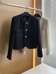 秋の冬の韓国ファッションブラックホワイトツイードジャケットコート女性エレガント2つのポケットゴールデンシングル胸ウールアウター240301