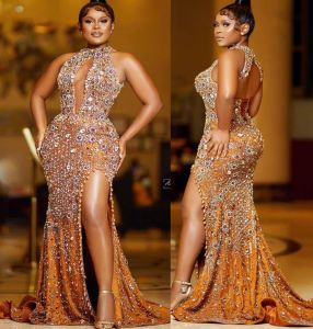2024 Plus Size Arabic Aso Ebi Gold Luxurious Mermaid Prom Dresses Beaded Crystals Evening Formal Party Second Reception Birthday Engagement Gowns Dress