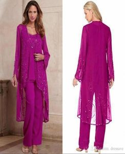 Modern Fuchsia Chiffon Mother of Bride Pant Suit for Wedding Three Pieces Formal Wear Special Occasion Mother Dress With Jacket6488403