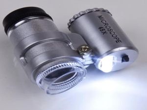 Mini microscopio portatile regolabile 45x con 2 LED Mini lente d'ingrandimento Microscopio con funzione controllo banconote portatile 60X 9LED Fla4443575