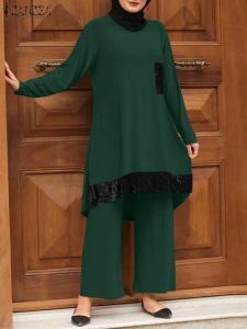 Conjuntos ZANZEA Lantejoulas Abaya Terno Mulher Conjunto de Duas Peças Blusa de Manga Longa Elegante Patchwork Top Causal Calça Define Roupas Turcas Muçulmanas