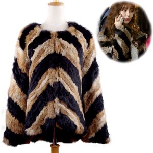 Fur real rabbit fur jackets knitted Fur Outwear Made by twocolor stripe real fur coat fur coats Wholesale and Retail Happihop new