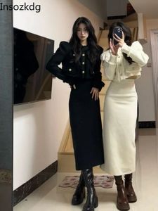 Insozkdg escritório senhora saia terno tweed duas peças roupas femininas manga longa casaco cintura alta lápis conjunto 2 240226
