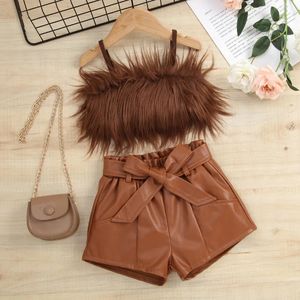 Kid Girl Shorts Sets Outfits Fashion Clothes for Teenager Sleeveless Plush Decor Sling Tops Elastic Waist with Belt Set 240226