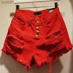 Jeans femininos mulheres jeans mapusitom moda buracos rasgados shorts para mulheres plus size único breasted vermelho denim burr senhoras bermudas s-xl1 240304