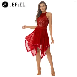 Bühnenkleidung für Damen, glänzende Pailletten, Neckholder, rückenfrei, asymmetrisches High-Low-Ballettkleid, lyrisches Tanzkostüm, moderne zeitgenössische Tanzbekleidung