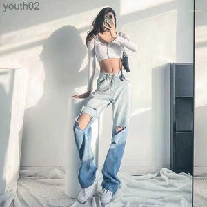 Women's Jeans Womens Jeans Autumn High-Waisted Color Gradient Long Trousers Retro Baggy 240304