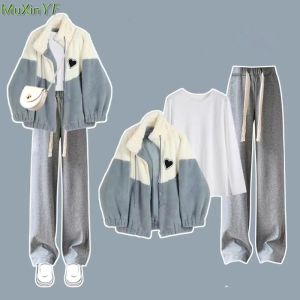 Suits Autumn Winter Women Lamb Plush Jacket White T Shirt Wide Leg Pants 1 or 3 Piece Set Korean Lady Casual Heart Patchwork Coat Suit