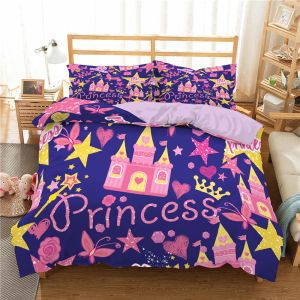 Pillow Kids Cartoon Duvet Cover Set Full/Queen Mikrofaser 3D -Bettwäsche Set Weiches rosa Schloss Prinzessin Trösterabdeckung mit 2 Kissen Shams