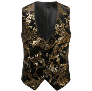 2020 New Arrival Men Gold Floral Tuxedo Dress Single Breasted Waistcoat Vests Black Wedding Groom Vest6567424