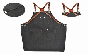 Denim Bib Apron Leather Strap Barista Baker Work Uniform Bartender Bbq Chef Cook2784518