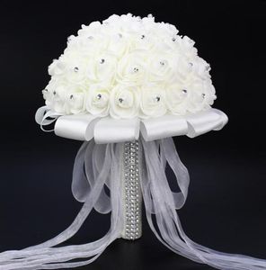 2018 Beautiful White Ivory Bridal Bridesmaid Flower Wedding Bouquet Artificial Flower Rose Bouquet Crystal Bridal Bouquets3501938