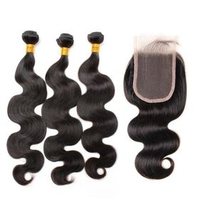 9a peruanska obearbetade mänskliga hår wefts med spetsstängning naturlig färg 3 st hårbuntar 1pc toppstängningar 4x4 jungfruförlängningar9576327