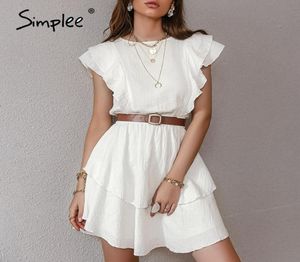 Simplee White Cotton female chic Dresses Fashion Solid Ruffled Midlength Highwaist Vestidos Sleeveless Summer women Dress 2021 25545979