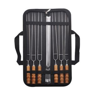 Varas 10pcs aço inoxidável espetos de churrasco conjunto duplo garfo corda de faia alça varas