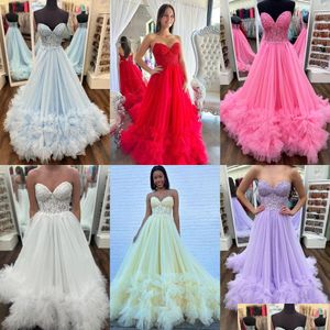 In Stock Special Occasion Dresses Ruffle Tle Prom Dress 2K24 Leaf Lace Corset Bodice Lady Pageant Winter Formal Cocktail Party Gown Dhjmg