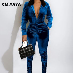 Garnitury CM. Yaya Velvet Set Set Cooded Track Kurtka Ruched Flare Slit Pants Suit Office Dam -Tracksuit Dwuczęściowe stroje fitness