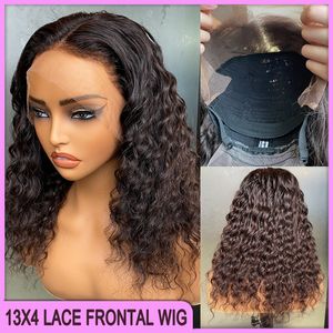 On Sale Malaysian Peruvian Brazilian Natural Black Deep Wave 13x4 Brown Swiss Lace Frontal Wig 100% Raw Virgin Remy Thick Human Hair