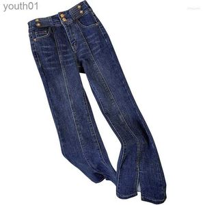 Jeans femininos mulheres jeans vintage azul split flare mulheres primavera outono coreano cintura alta magro chão varrendo calças jeans preto calças casuais 240304