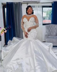 Abiti da sposa a sirena araba sudafricana di lusso Aso Ebi Perline Paillettes Applicazioni in pizzo Increspature Plus Size Abiti da sposa Maniche lunghe Abiti da Boda