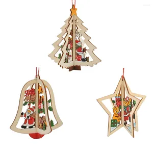 Decorative Figurines Wooden Jingle Bell Five-pointed Star Christmas Tree Pendant Decoration Ornaments For Festival Party Hanging Xmas Decor