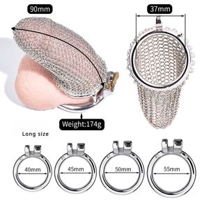 MFMYEE SM Stainless Steel Penis Cage Mesh Penis Cage with 4 Cock Rings Male Chastity Devices Set BDSM Restraint Penis Chastity Belt Lock Cock Cage (Long size)