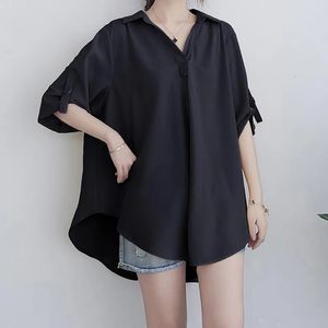 Verão coreano grande temperamento solto aline camisa topos sólido chiffon oversized tshirt moda roupas casuais para mulher 240301