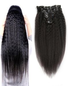 120gキンキーストレートブラジルヘアエクステンションクリップins natiral black remy 7pcsset人間の髪の拡張の粗いヤキクリップ33335952