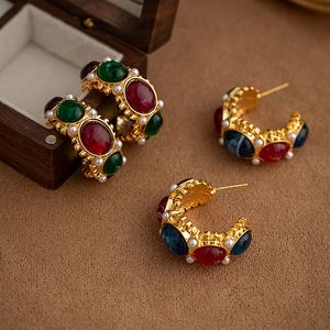 French Spring Fashion Retro Ruby Hoops örhängen Kvinnor Ear Stud Gold Plated Full Diamonds Designer Jewelry E2024-6